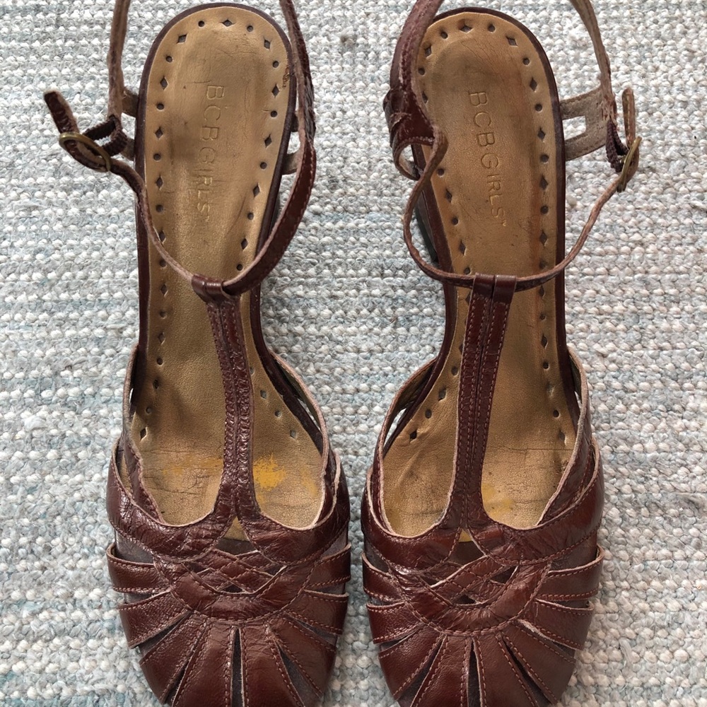 BCBGirls bronze wedge sling back shoes